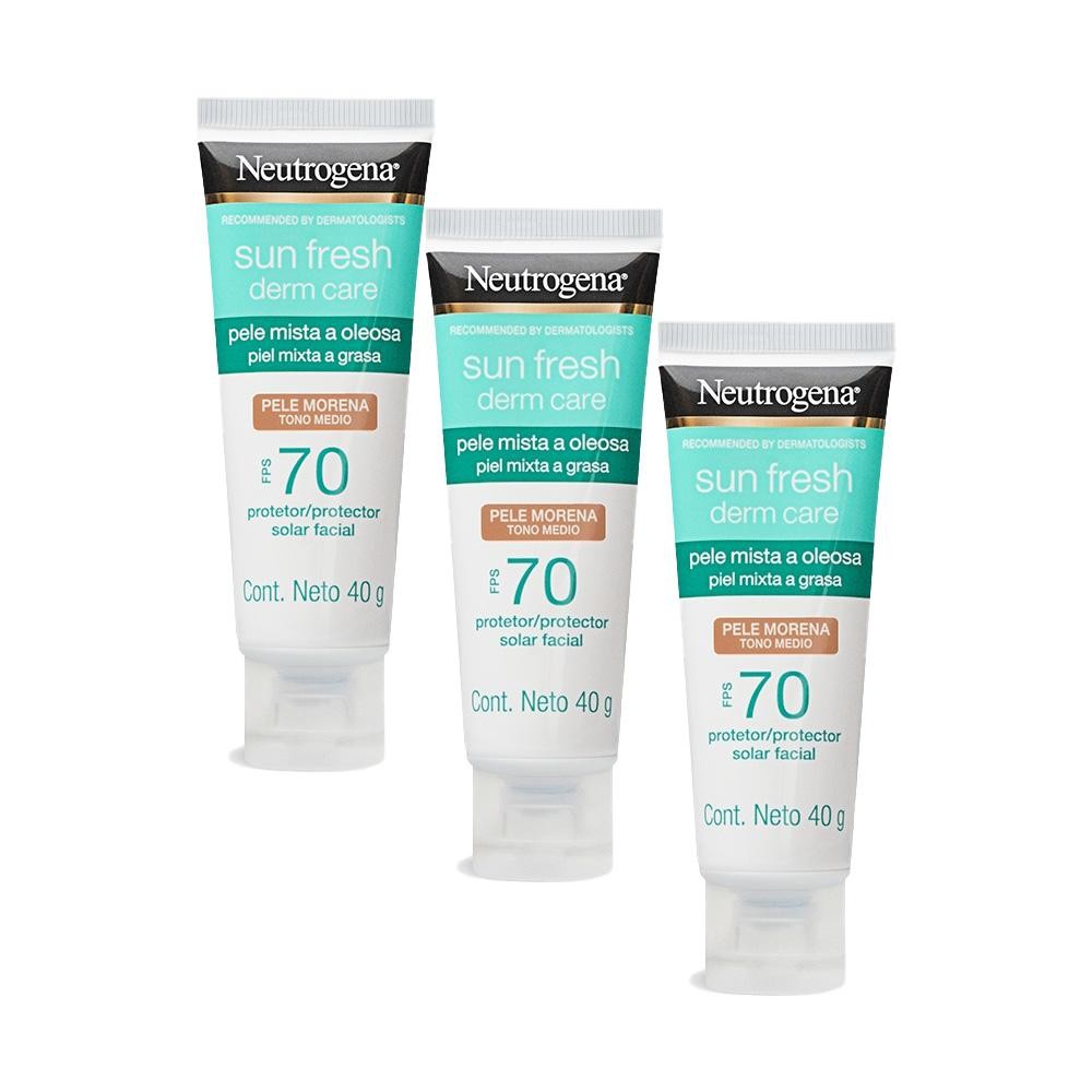 Kit com 3 Protetor Solar Facial Pele Oleosa Neutrogena Sun Fresh Derm Care Pele Morena FPS70 40g cada em Oferta na Shopee