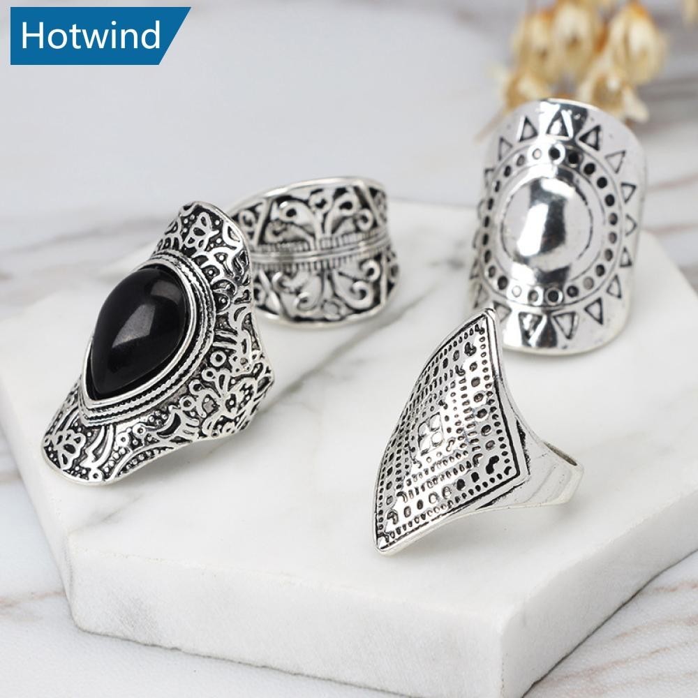 HW 4Pcs/Set Vintage Prata Boho Cigano Anel Étnico Gema Oca Esculpida Diamante Midi Knuckle Anéis Jóias Mulher N4S6 em Oferta na Shopee