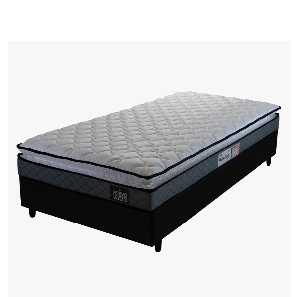 Cama Box Solteiro Colchão Espuma D33 Pillow Top Millenium 88x188x57cm Cinza/Preto Hellen - Suporta até 120kg por Pessoa - Home & Living