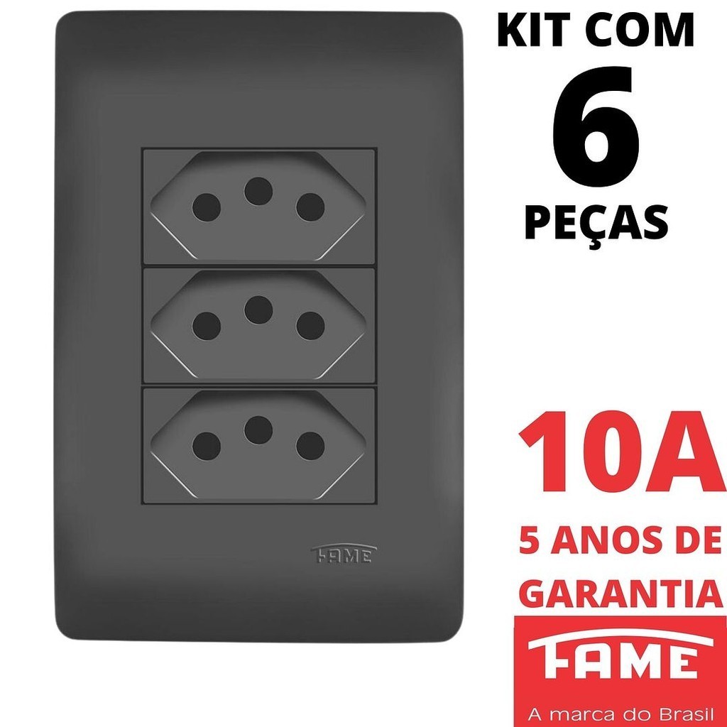 6un Tomada Padrão Tripla 2P+T 10A Com Placa Habitat Black Preto FAME