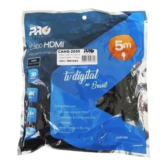 CABO HDMI VERSÃO 2.0 HIGH SPEED ULTRA HD 3D 4K 5 METROS - PROELETRONIC