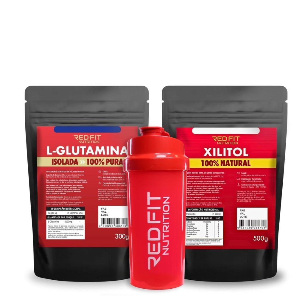 Kit L-Glutamina 300g Xilitol 500g - 100% Pura Importada - Red Fit Nutrition