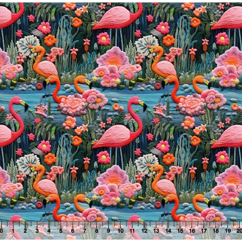 Tecido Tricoline Flamingo Bordado Color 02 3D - 81376 - 1mt x 1,50mt