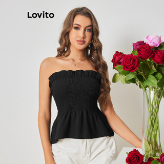 Lovito Boho Blusa Feminina Lisa Bata com Bainha Enrugada de Babados LBL08470