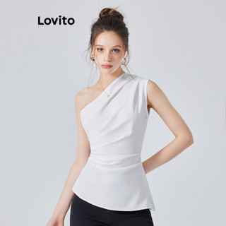 Lovito Elegante Blusa Feminina Lisa Franzida com Fenda e Ombro de Fora L74ED127