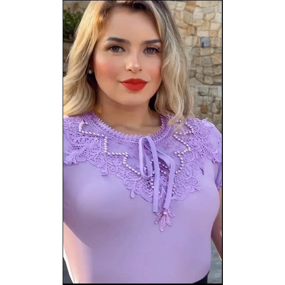 Blusa Camisa Plus Size G2 Lilás (Roxo) Manga Curta Renda Social Moda Evangelica Laço bordada pérola