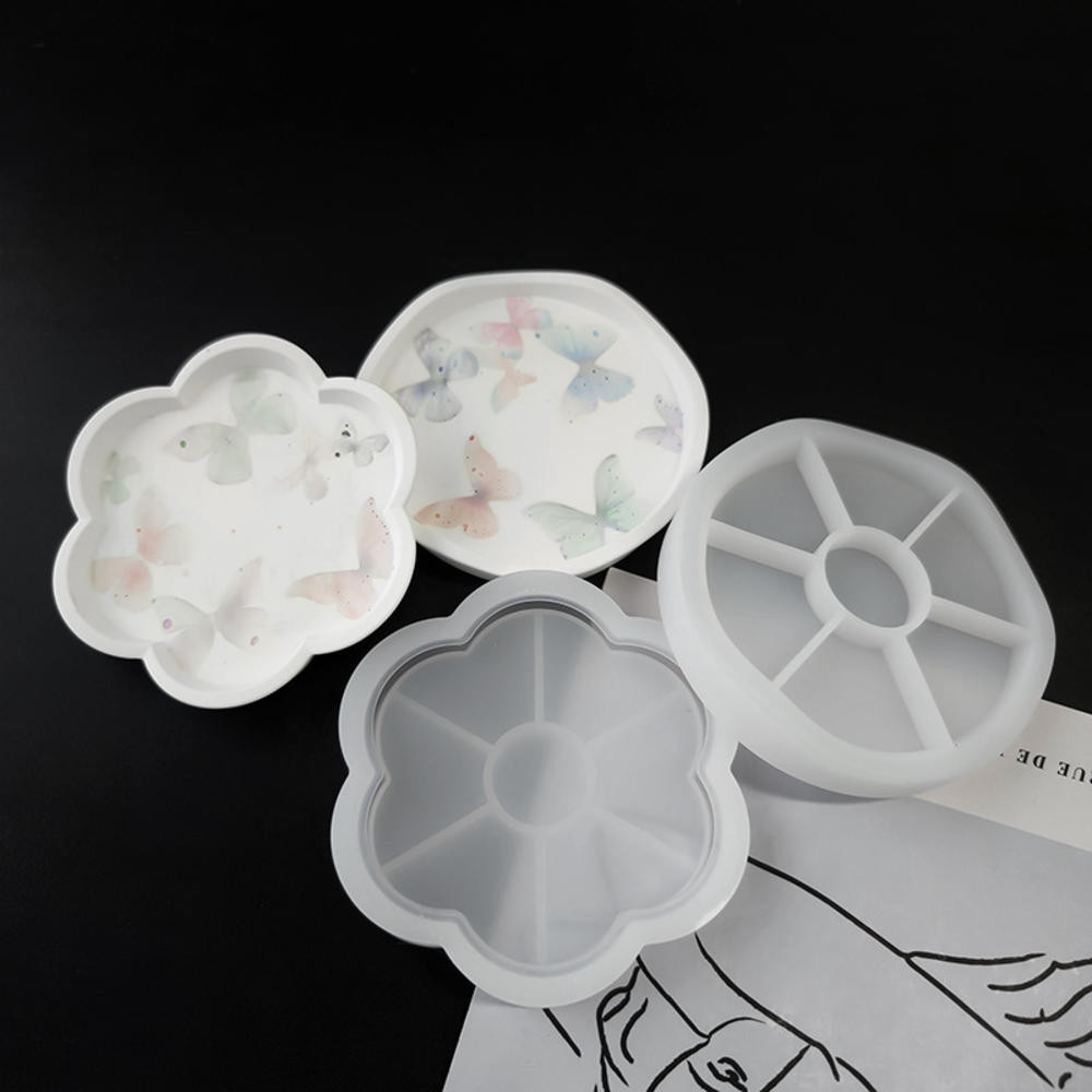 Detalhes do Moldes De Resina De Bandeja Redonda Silicone Em Forma De Ameixa Para Epóxi Irregular Fundição De Jóias De Placa De Bricolagem Caixa De Armazenamento Trincheira