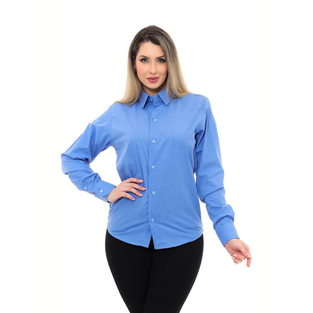 Camisa Social Feminina Premium Tipo Linho Azul