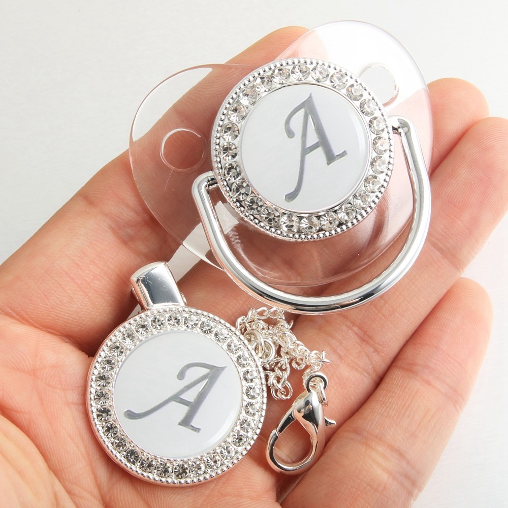 26 Carta Inicial Prata Transparente Baby Pacifier And Chain