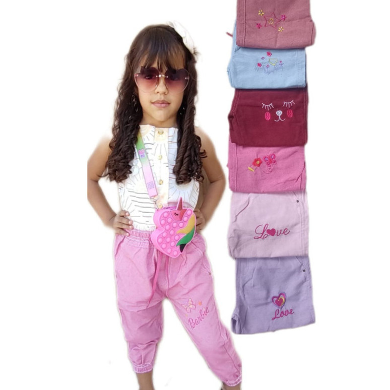 Kit 5 Calça Feminina Infantil Jogger Brim Menina