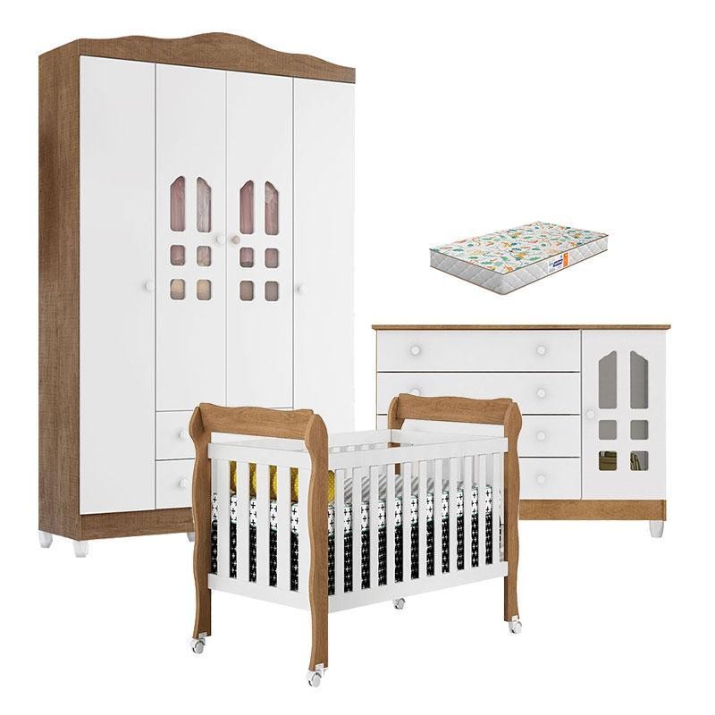 Quarto Bebê New Selena 4P com Berço Lila e Cômoda Gran Selena Branco Amadeirado e Colchão Gazin – Carolina