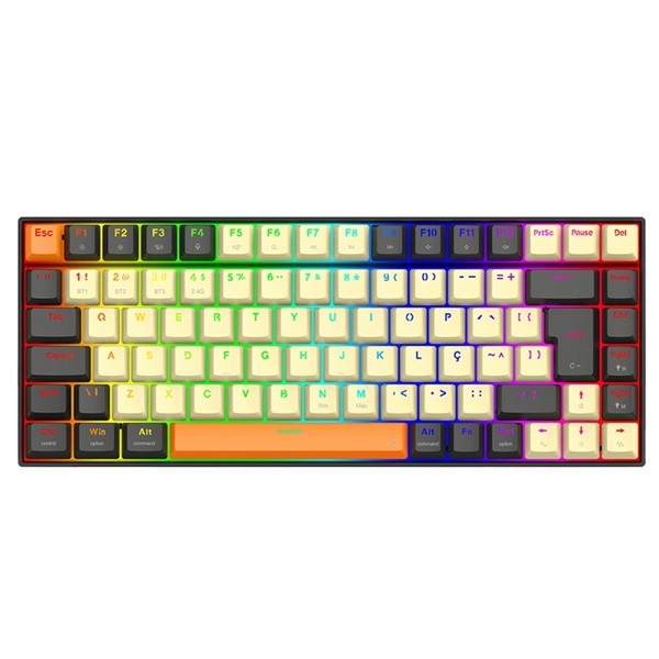 Teclado Mecânico Gamer Redragon Phantom Pro RGB Sem Fio e Bluetooth Cinza com Creme 75% Switch Brown com key caps extras