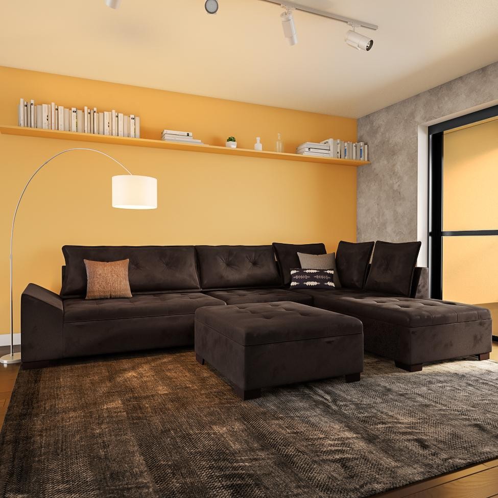 Sofá de Canto 5 Lugares com Chaise Esquerdo Corupá Suede Café em Oferta na Shopee