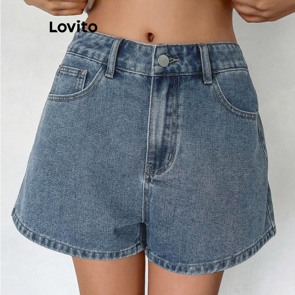 (Trendy) Lovito Shorts Jeans Casuais Com Laço Liso Nas Costas Para Mulheres L95ED367 em Oferta na Shopee