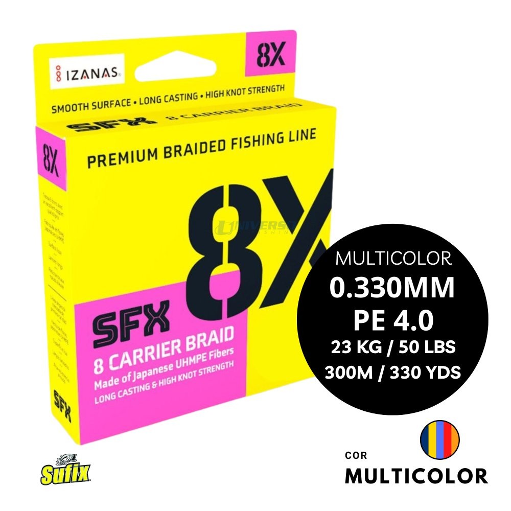 Linha Multifilamento SUFIX SFX 8 CARRIER BRAID - 300 Metros - Multicolor 0,33mm | 50lbs | PE 4.0