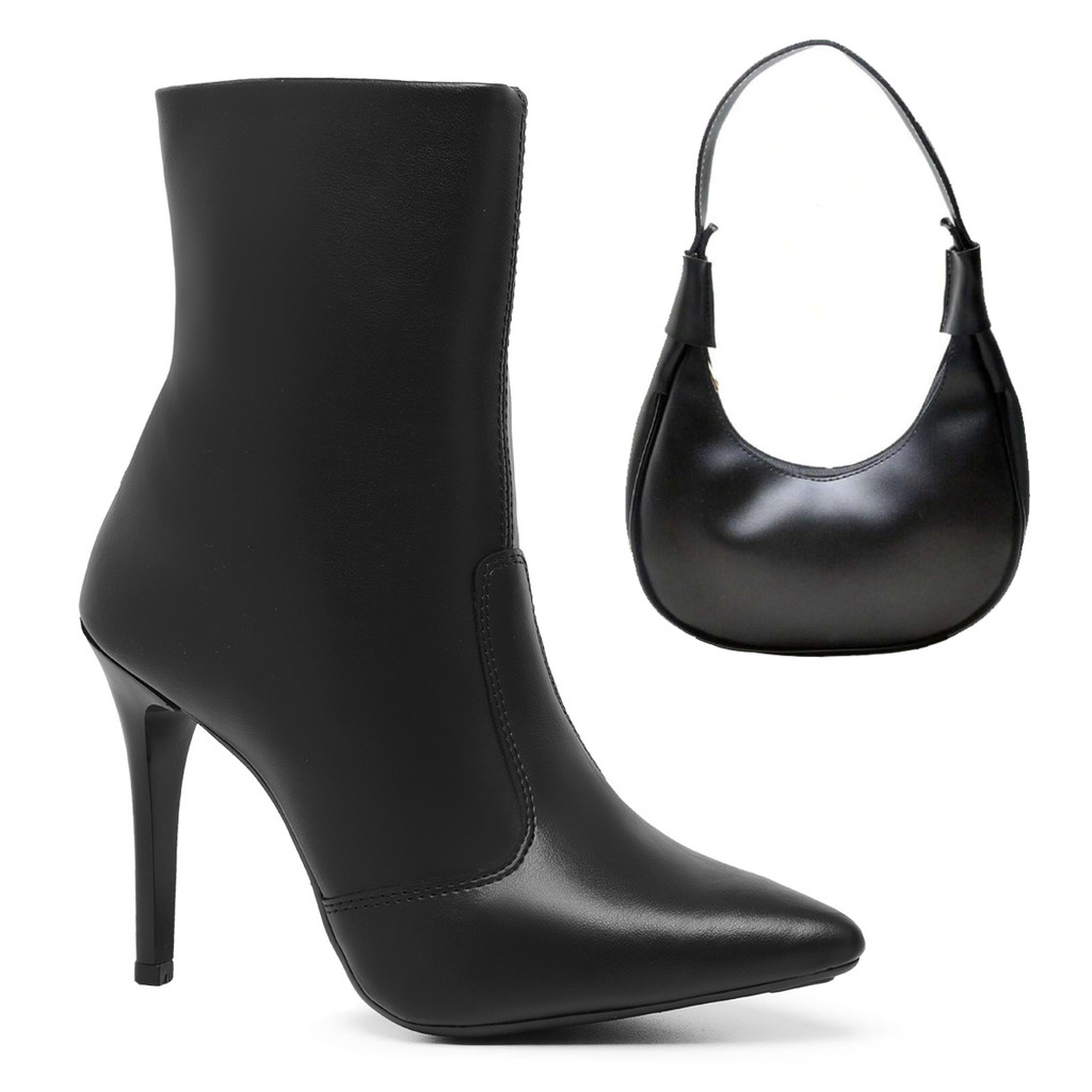 Kit Bota Feminina Bico Fino Salto Alto Agulha Macia De Couro Com Zíper Lateral + Bolsa Meia Lua Feminina