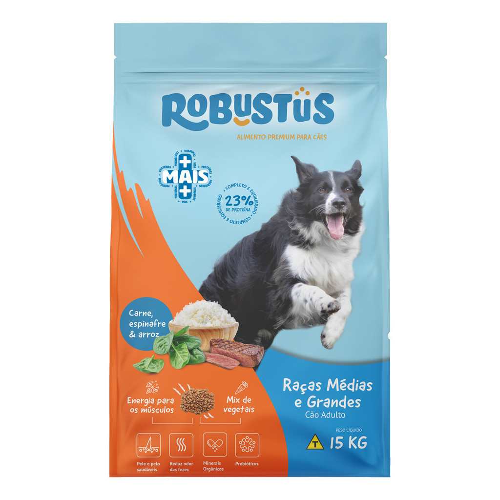 Ração Premium +Mais Seca Arroz Carne Espinafre Raça Porte Médio Grande Sem Corante 15kg Robustus