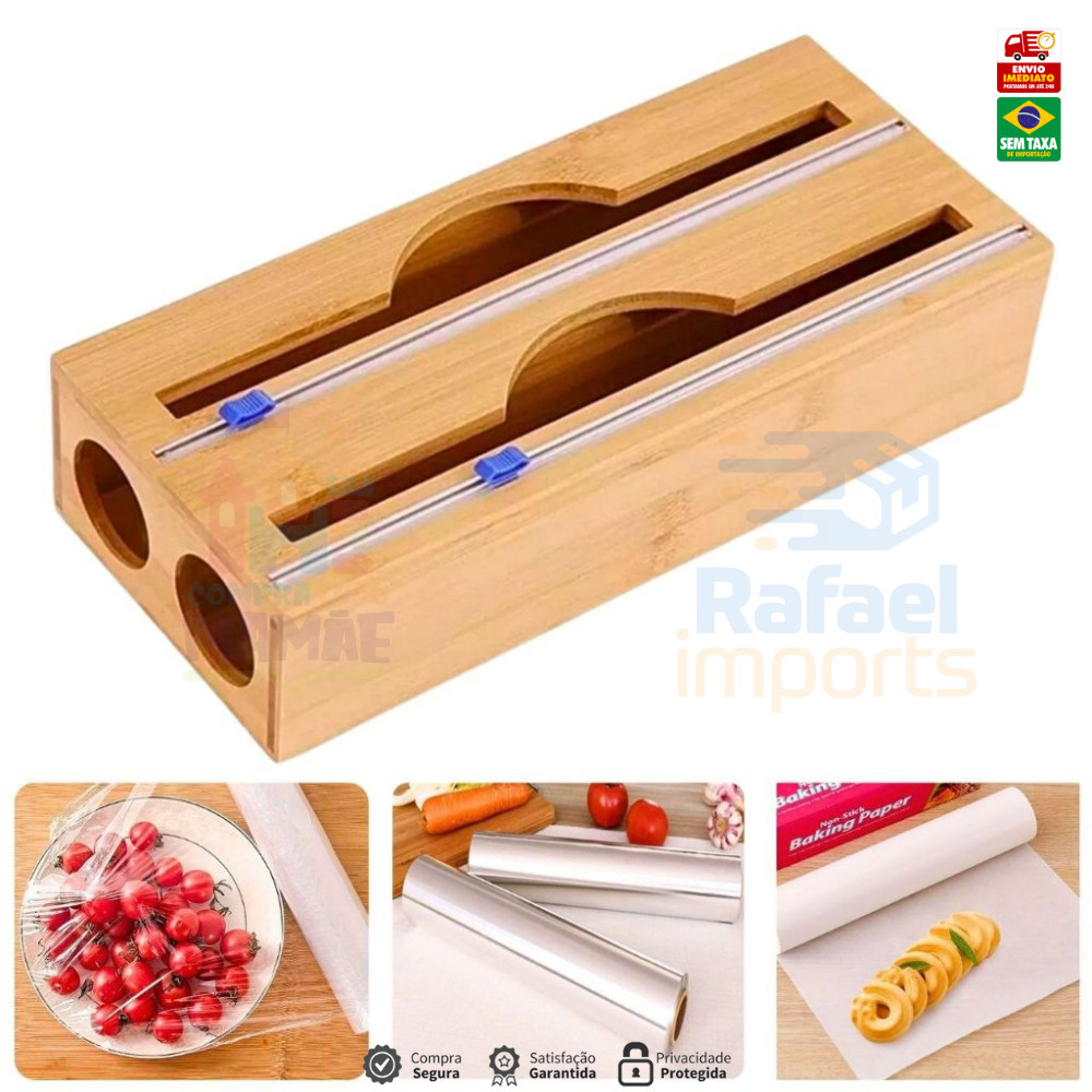 Porta Rolo Duplo Organizador Bambu Papel Aluminio Filme PVC Cortador Dispenser Cozinha Sup...