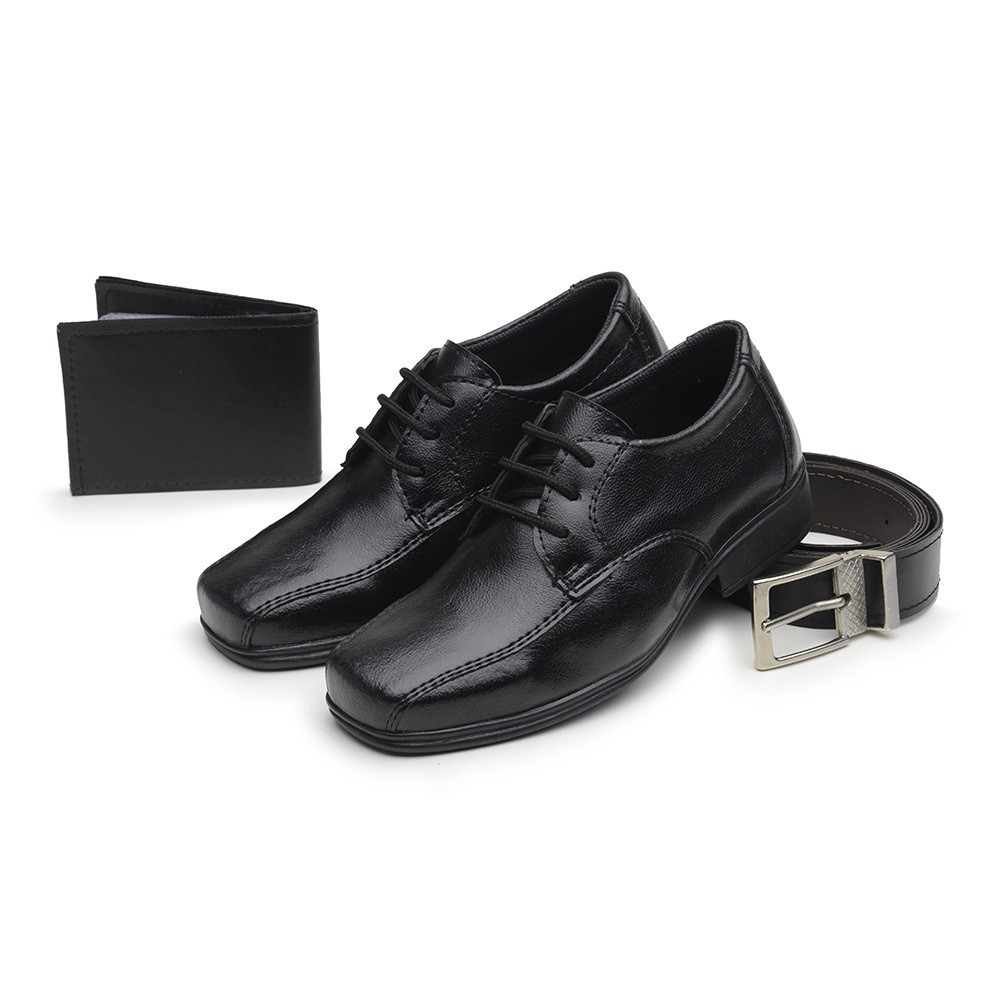 Kit Sapato Social Infantil Menino Solado PVC Cadarço Igreja Evangelico Com Carteira e Cinto