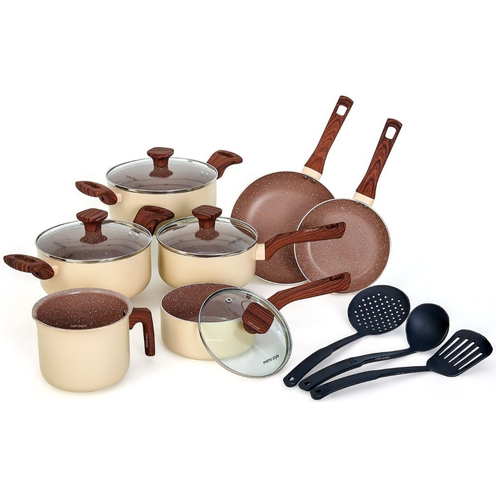 Jogo De Panelas Antiaderente Cerâmica 10 Peças Com Utensílios E Tampa De Vidro em Oferta na Shopee