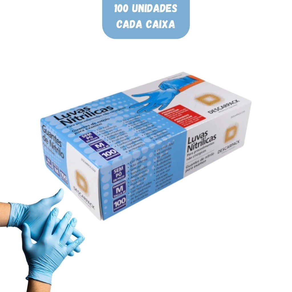 Luva Nitrílica Descarpack Azul com 100 Unidades Tamanho M