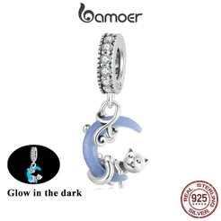 Bamoer 925 Sterling Sliver Charme De Fita Luminosa Gato Lunar Design Pingente Acessórios Para Pulseira SCC2747
