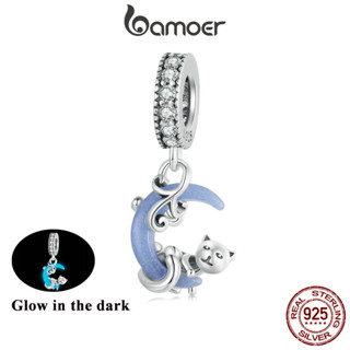 Bamoer 925 Sterling Sliver Charme De Fita Luminosa Gato Lunar Design Pingente Acessórios Para Pulseira