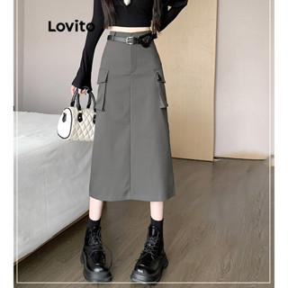 Lovito Casual Saia Feminina Lisa com Bolso LNE27226 (Cinza Escuro)