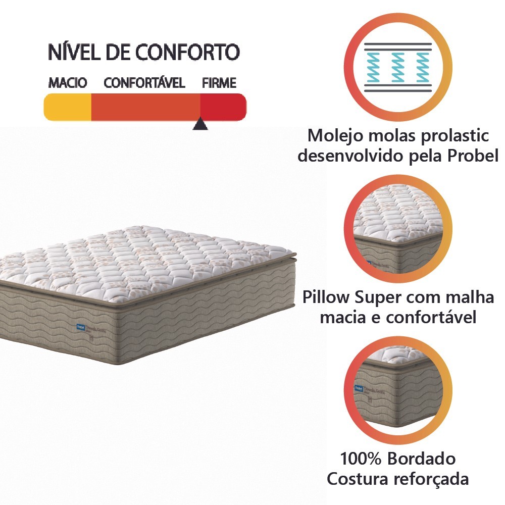 Detalhes do Colchão Casal Molas Guarda Costas Max Pillow Top 138x188x40cm Bege / Branco Probel - Suporta até 180kg por Pessoa