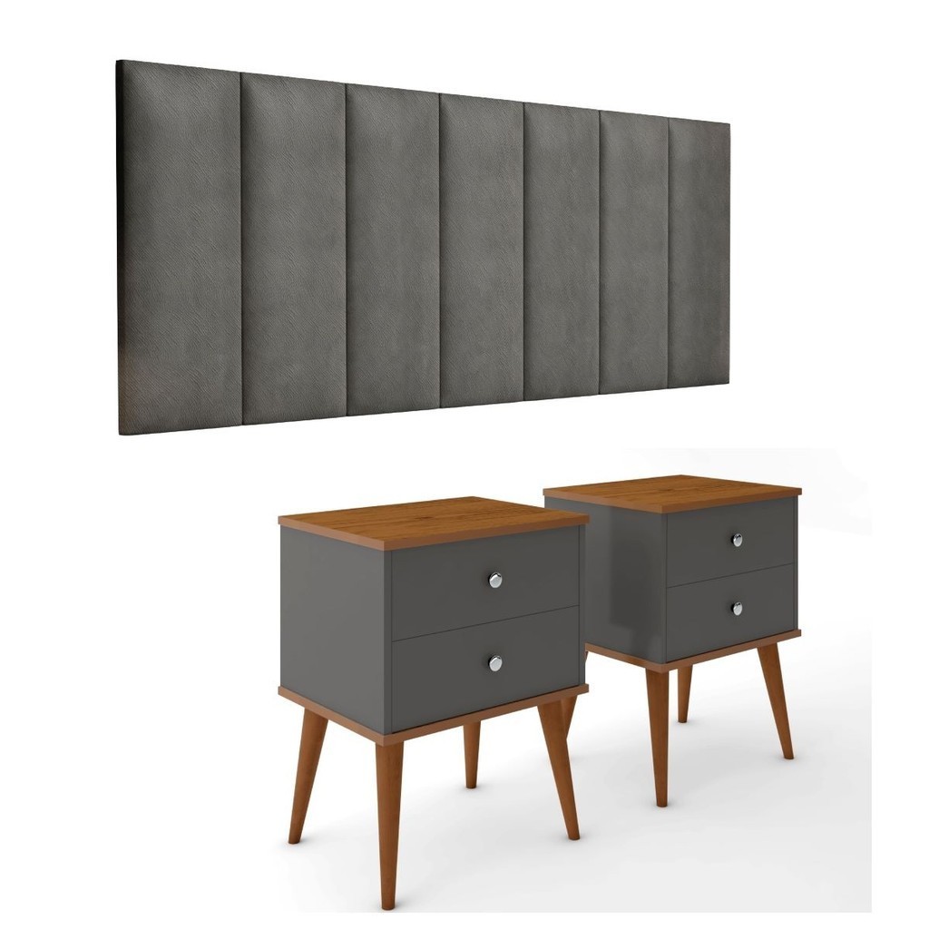 Conjunto Quarto Berlim 1,60 - Cabeceira Cama queen 1,60 Com 2 Mesas de Cabeceira berlim cinza