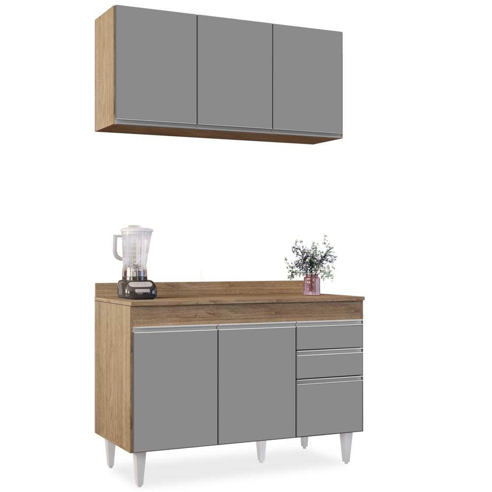 Armário Virgínia e Balcão com Tampo Michigan 120cm Castanho/Cinza - Lumil em Oferta na Shopee