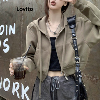 Lovito Casaco Casual Com Zíper Frontal Com Bolso Liso Para Mulheres LNA37059 (Mocha Marrom)