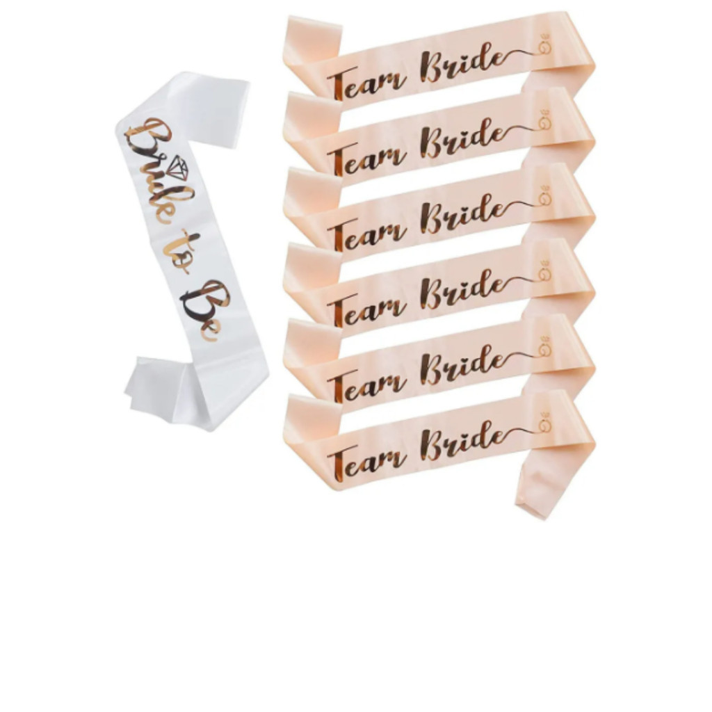 Kit 7 Faixas : 1 Bride To Be ESCRITA ROSE + 6 TEAM BRIDE SALMAO C/ ROSE GOLD
