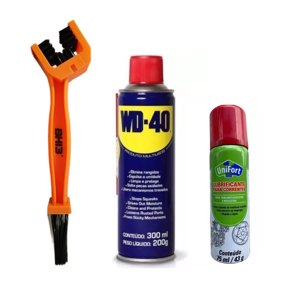 KIT LIMPEZA CORRENTE WD-40 + UNIFORT CORRENTE SPRAY 75ML + ESCOV