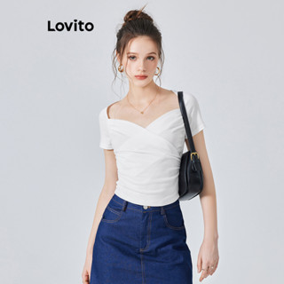 Lovito Boho Camiseta com Amarração e Renda Dupla para Mulheres L74ED123