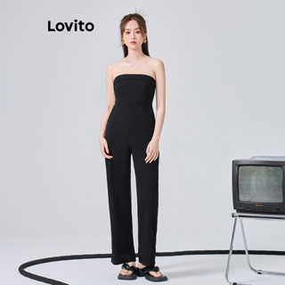 Lovito Casual Macacão Feminino Liso Cruzado com Bolso L74ED349