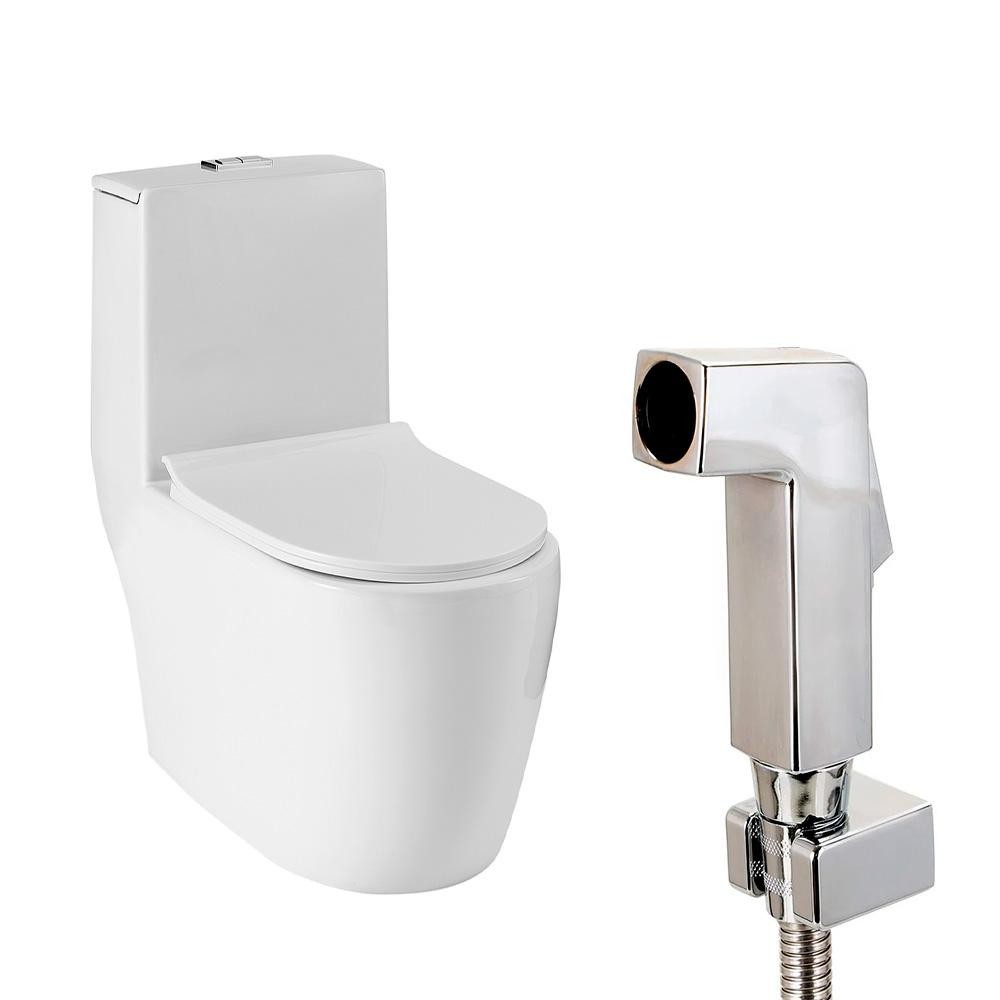 Vaso Sanitário Monobloco Amazonita e Ducha Higiênica para Banheiro Jacuí Pingoo - Branco e Prata - Home & Living