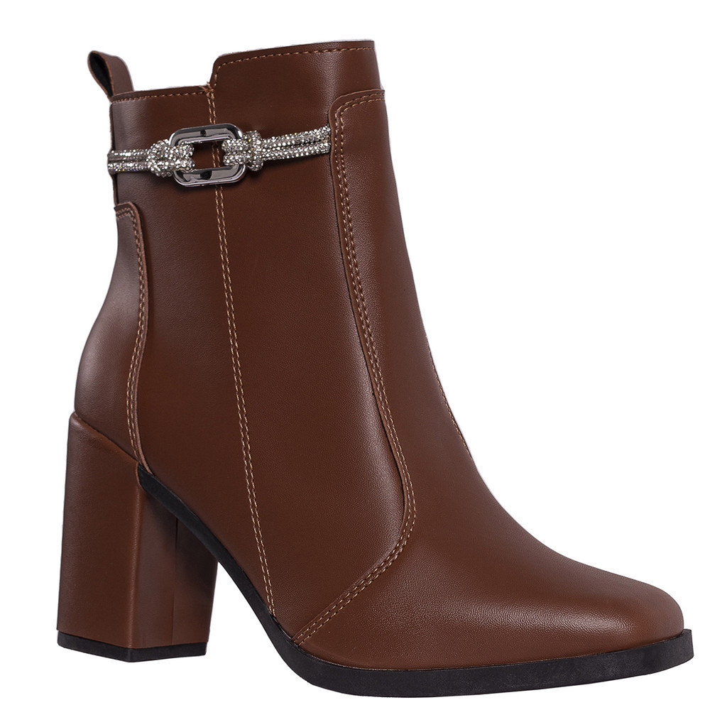 Bota Feminina Salto Bloco Grosso Cano Curto Coturno Brilho - Women Shoes