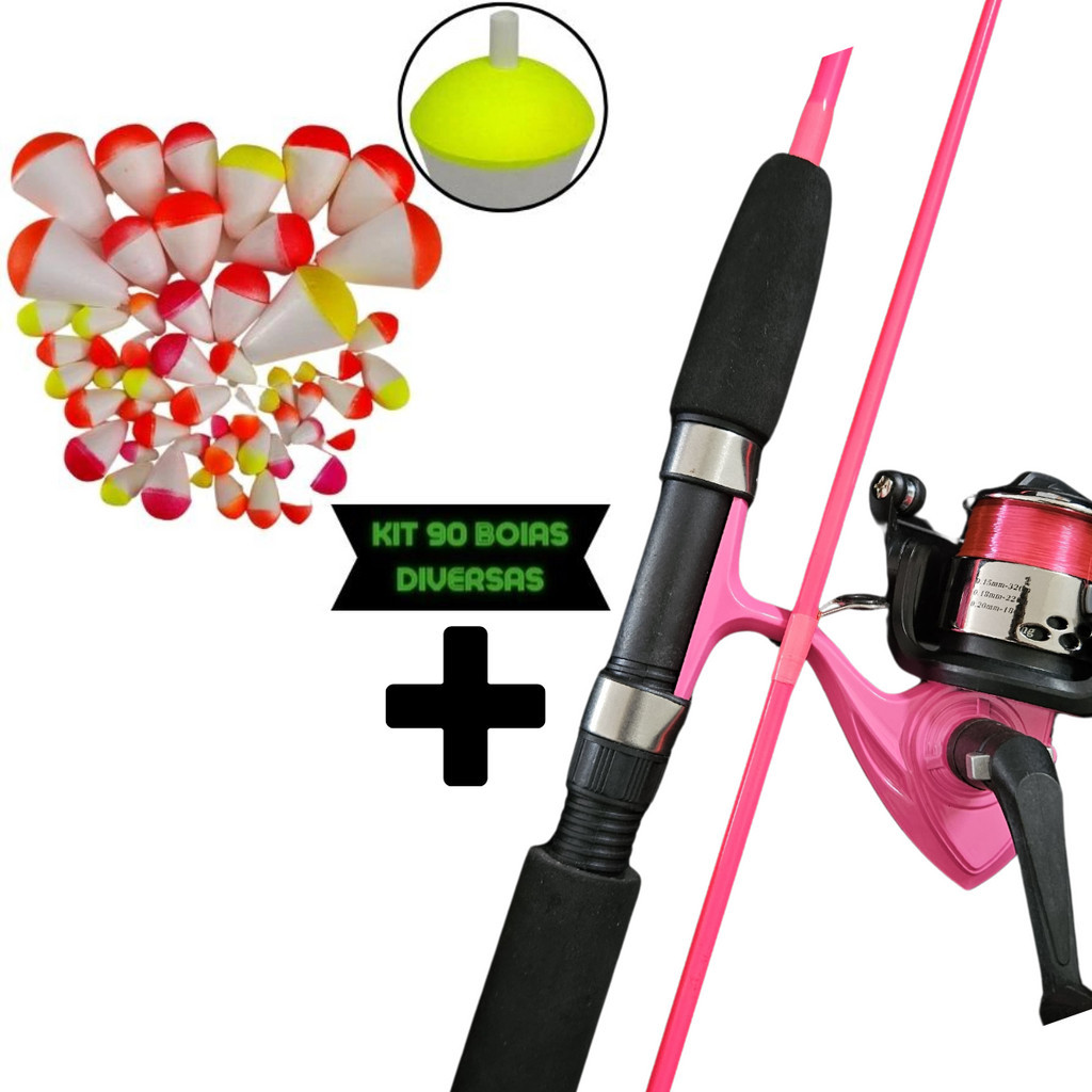 Kit Pesca Feminino Rosa Pink Vara Molinete Linha Nylon Conjunto 90 Boias Lambari Tilápia Flutuadores