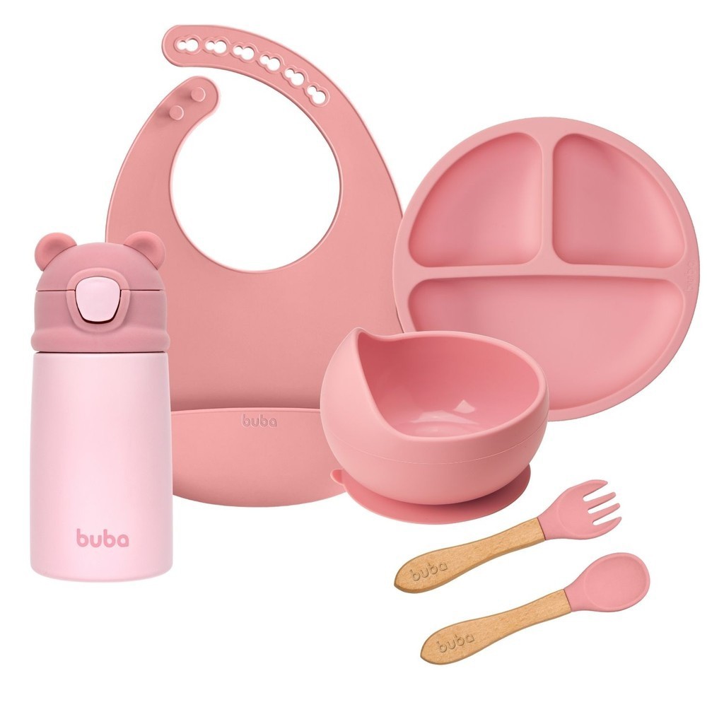 Kit Alimentação Bebê Babador, Bowl, Talheres, Pratinho e Garrafa Térmica - Buba em Oferta na Shopee