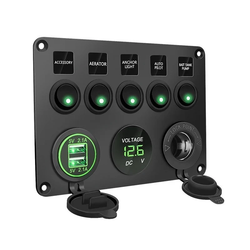 Painel De 5 Posições Adaptador De Energia De 12V Tomada Com Tampa À Prova D'água 4.2A Carregador Duplo USB LED Voltímetro Digital Interruptor De Comutação Do Caminhão Camper Marine