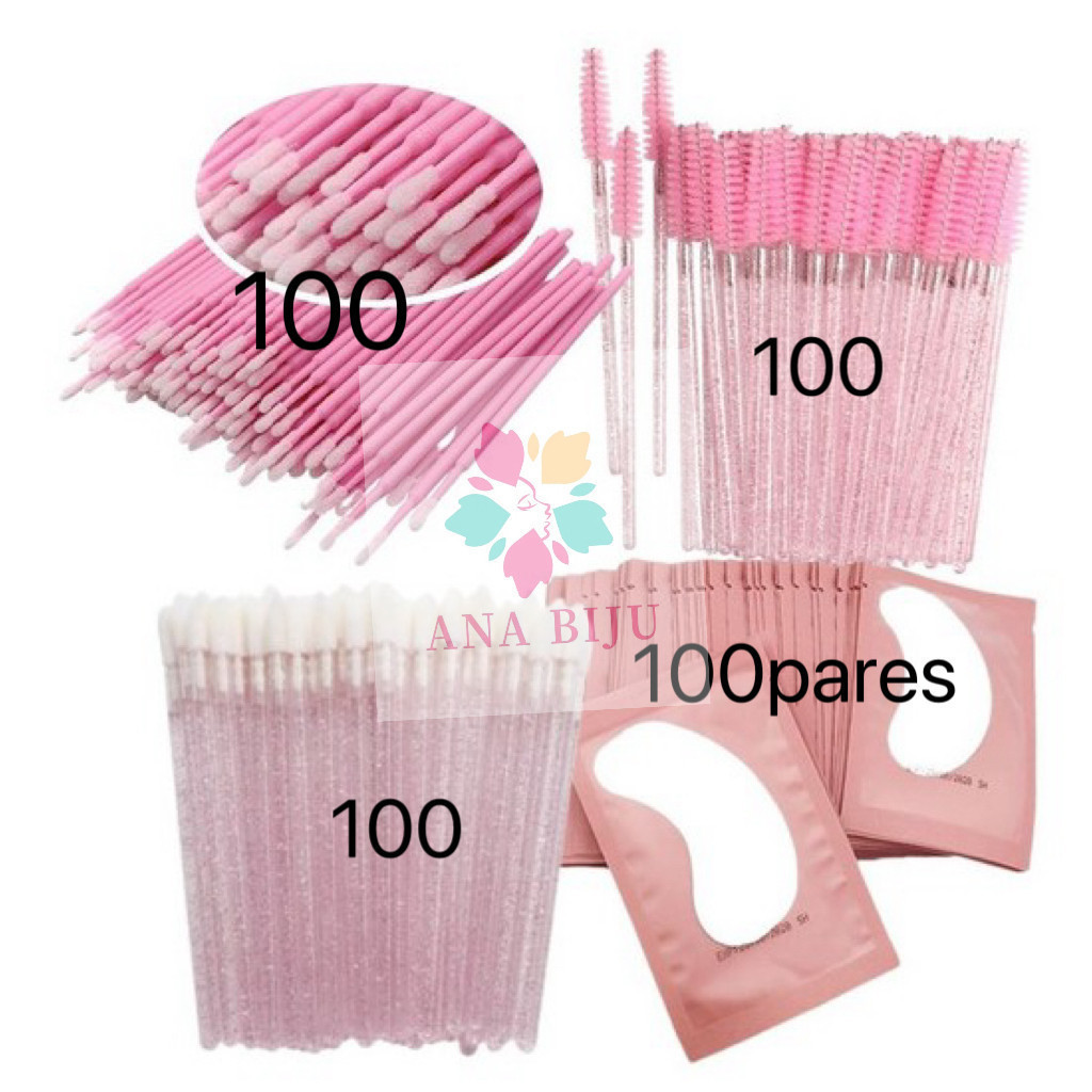 ANA1108Kit-100Escovinhas+100Microbrush+100Aplicador+KIT100Pares de Gel Pads200Unidades)de Batom Alongamento Cilios