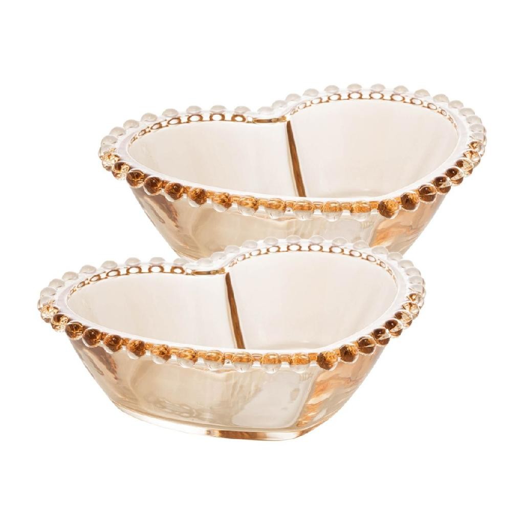 Jogo Conjunto 2 Bowls Cumbucas Travessa Âmbar 210ml Petisqueira de Coração em Cristal Boli...