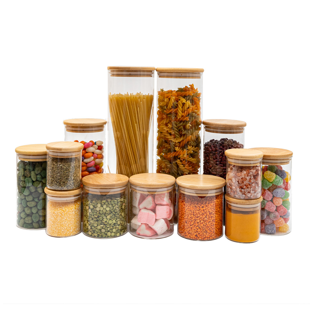 kit de 13 potes de vidro com tampa de bambu hermético redondo mantimento - Tud