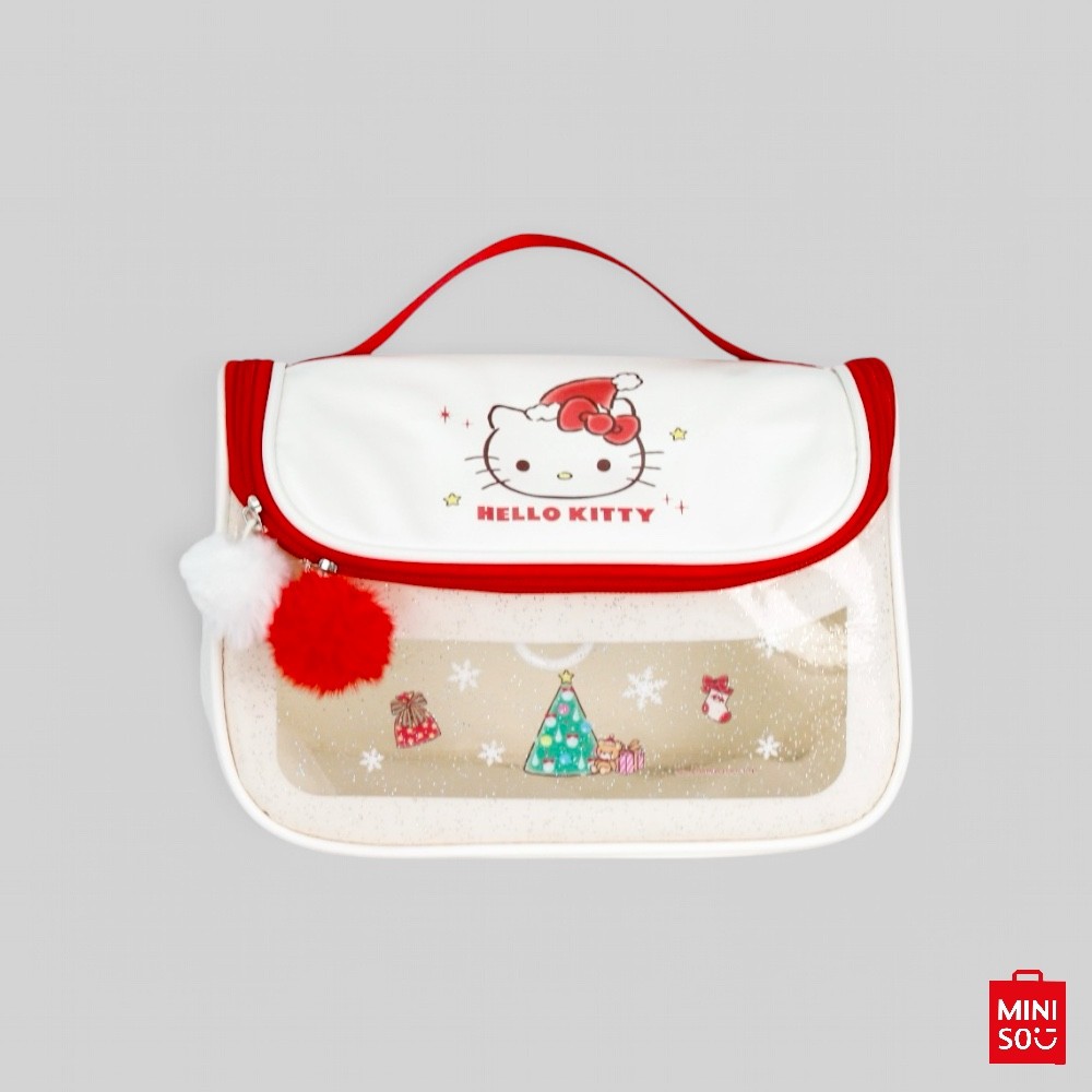 Necessaire de Viagem Hello Kitty Natal Miniso – Bolsa com Gancho, 2 Compartimentos e Zíper