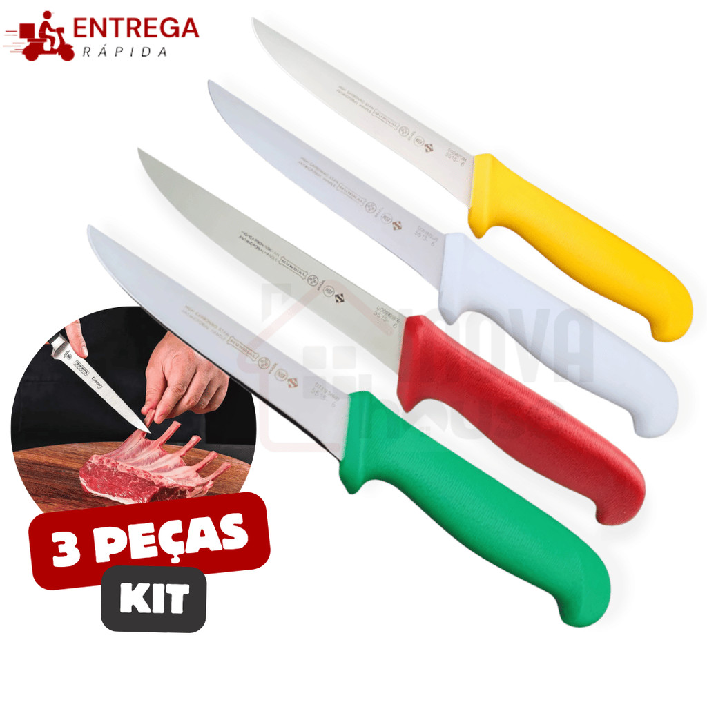 Kit 3 Peças Faca para Desossar Profissional de 6" com Lâmina em Aço Inox e Cabos Ergonômicos Coloridos