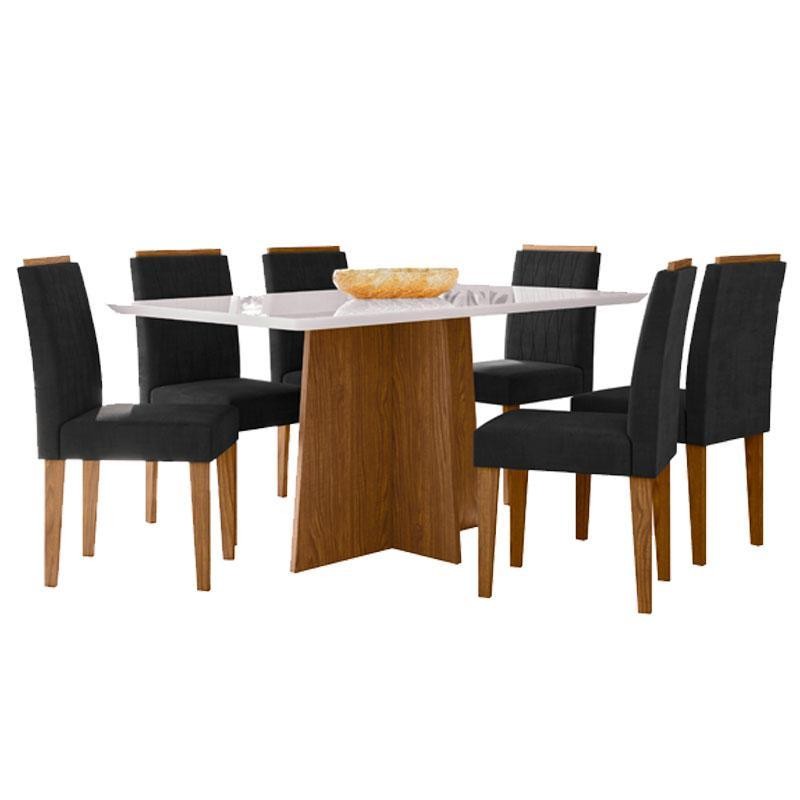 Mesa de Jantar Anitta 160x90 cm com Vidro Ype Off White e 6 Cadeiras Ana Ype Veludo Preto – New Ceval