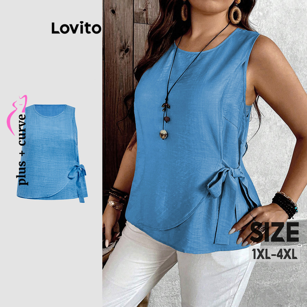 Lovito Blusa Plus Size Curve Casual Simples Amarrar Frente Assimétrica para Mulheres LBL20533 - Women Clothes