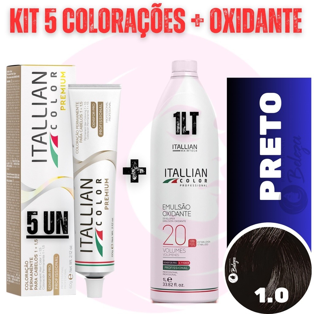 Kit 5 Tinta Profissional 1.0 Preto Itallian Color + Ox20