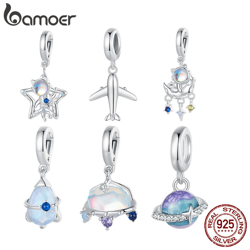 Bamoer 925 Sterling Silver Mini Airplane Planet Moon Astronauta Lunar Pingente De Charme Mulheres Fit Bracelet Colar Jóias Presente em Oferta na Shopee
